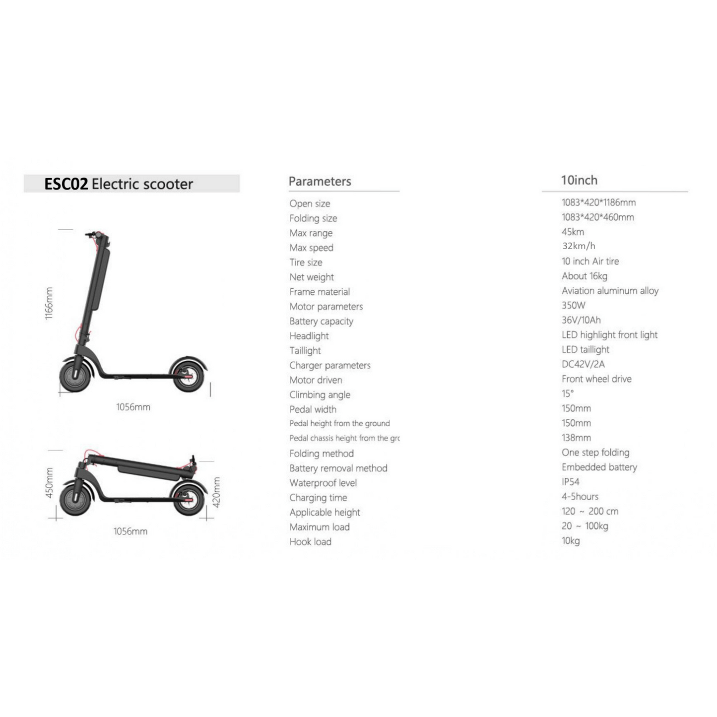 ESC02 Urban 350W Electric Scooter – 32km/h, 45km Range, 10” Tires, Lightweight Design