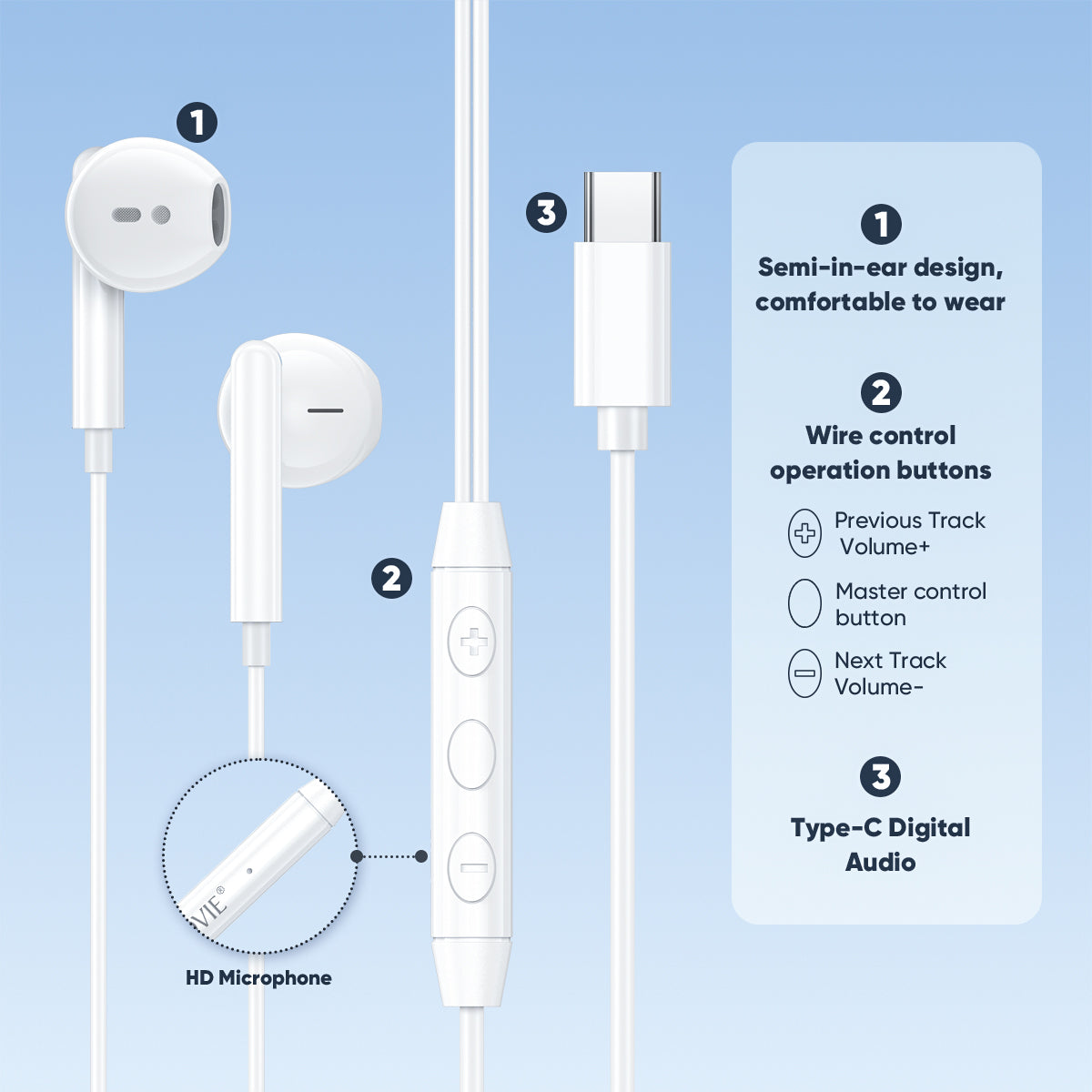 Semi In-Ear Type-C Cable Control Wired Headset