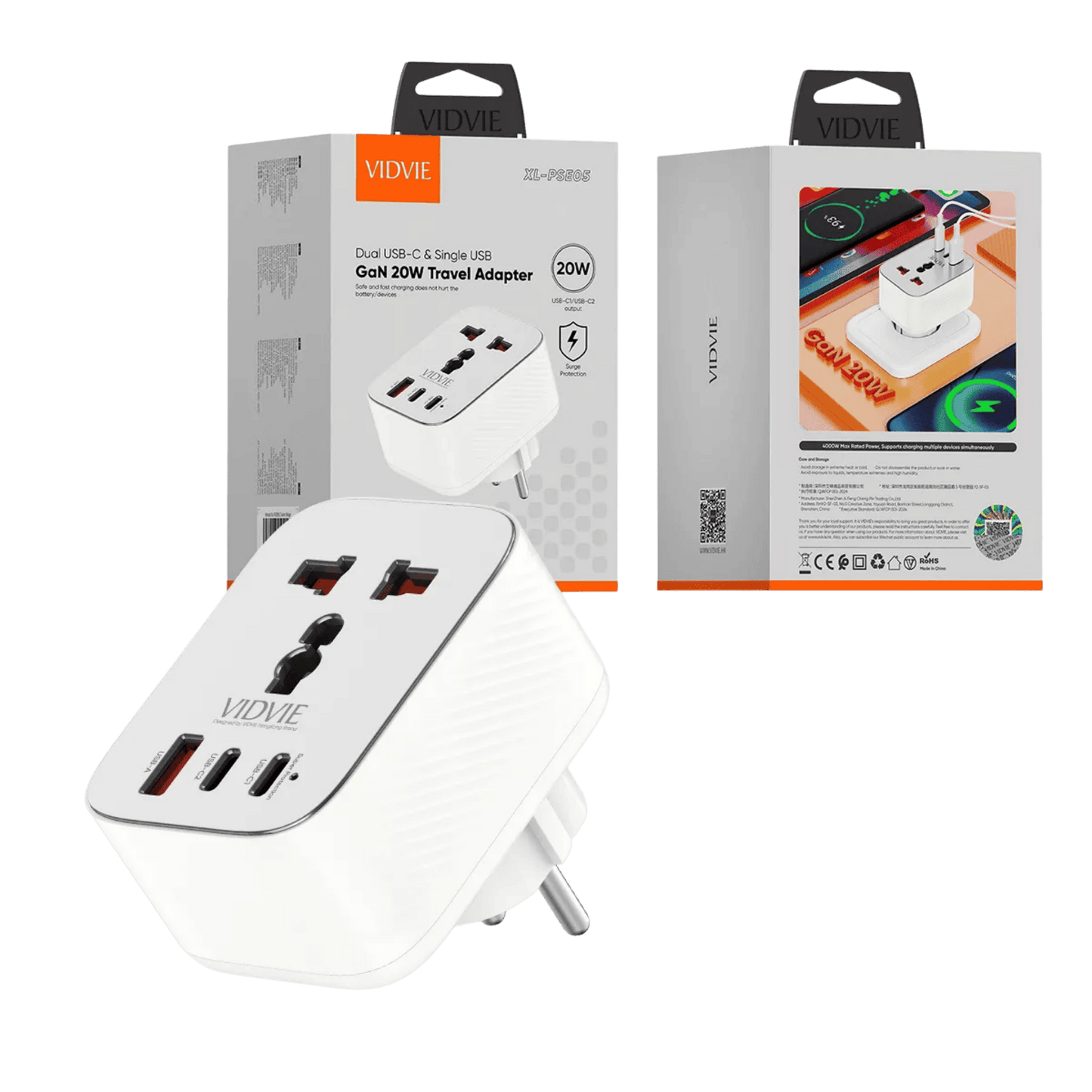 Dual USB-C & Single USB GaN 20W Travel Adapter