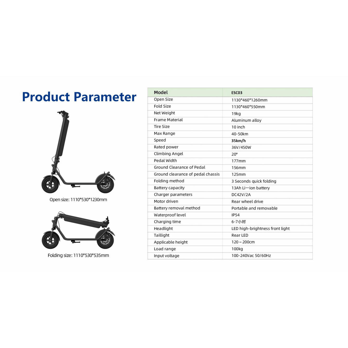ESC03 Pro 450W Electric Scooter – 35km/h, 50km Range, 10” Tires, Dual Suspension