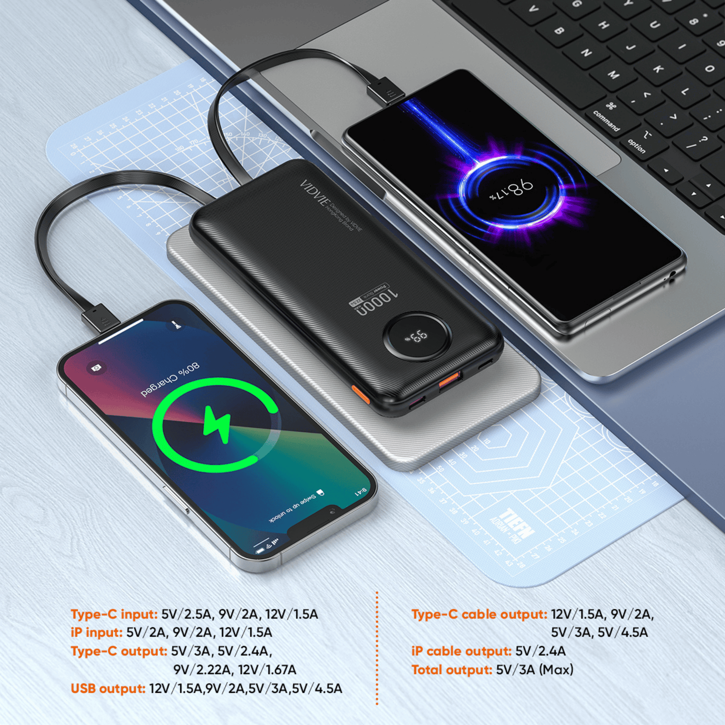 10,000mAh 2-IN-1 Charging Power Bank With Dual Wire